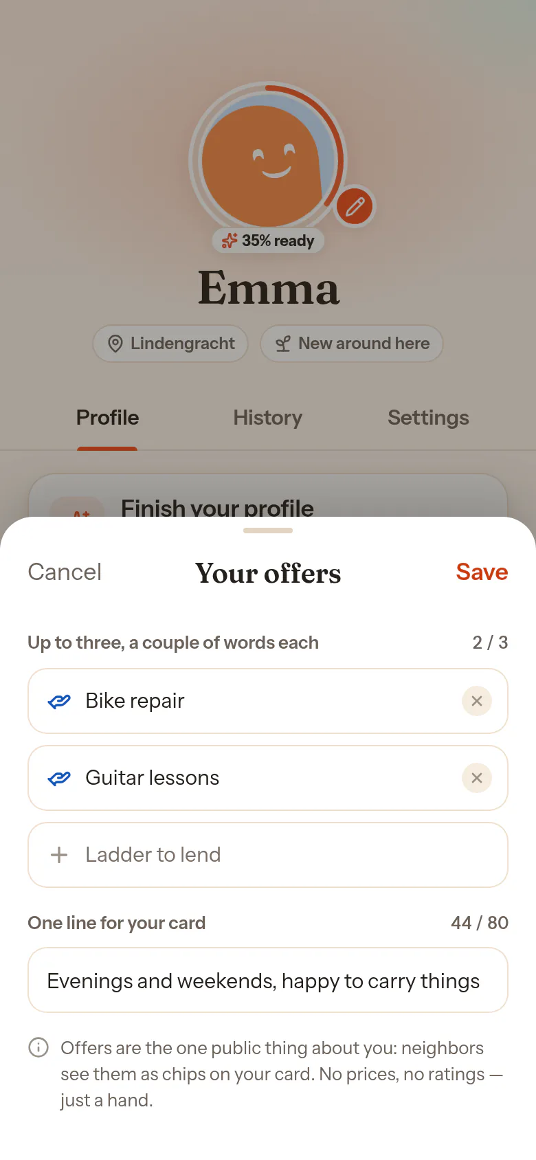 La scheda Le tue offerte nel Profilo: campi con esempi come Riparazione bici, la riga per la tua scheda e Salva.