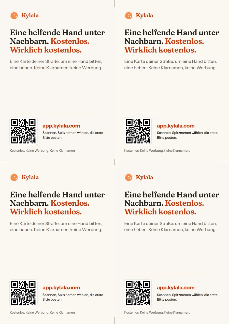 Vorschau des A4-Bogens: vier Türkarten, jede mit der Überschrift, einer Zeile, einem QR-Code und der Adresse.
