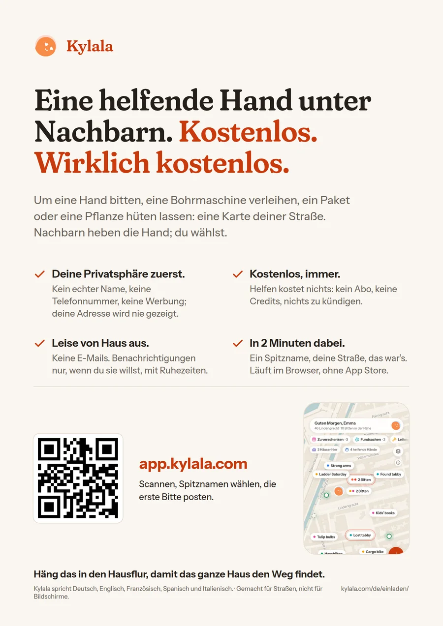 Vorschau des A4-Plakats: die Überschrift Eine helfende Hand unter Nachbarn, die vier Versprechen, ein QR-Code und die Adresse app.kylala.com.