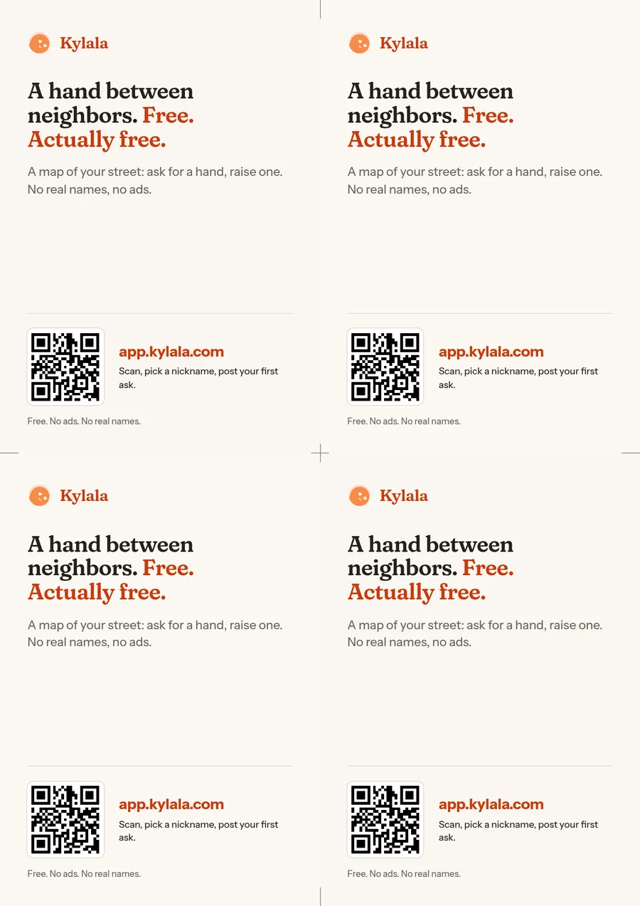 Preview of the A4 sheet: four door cards, each with the headline, one line, a QR code and the address.
