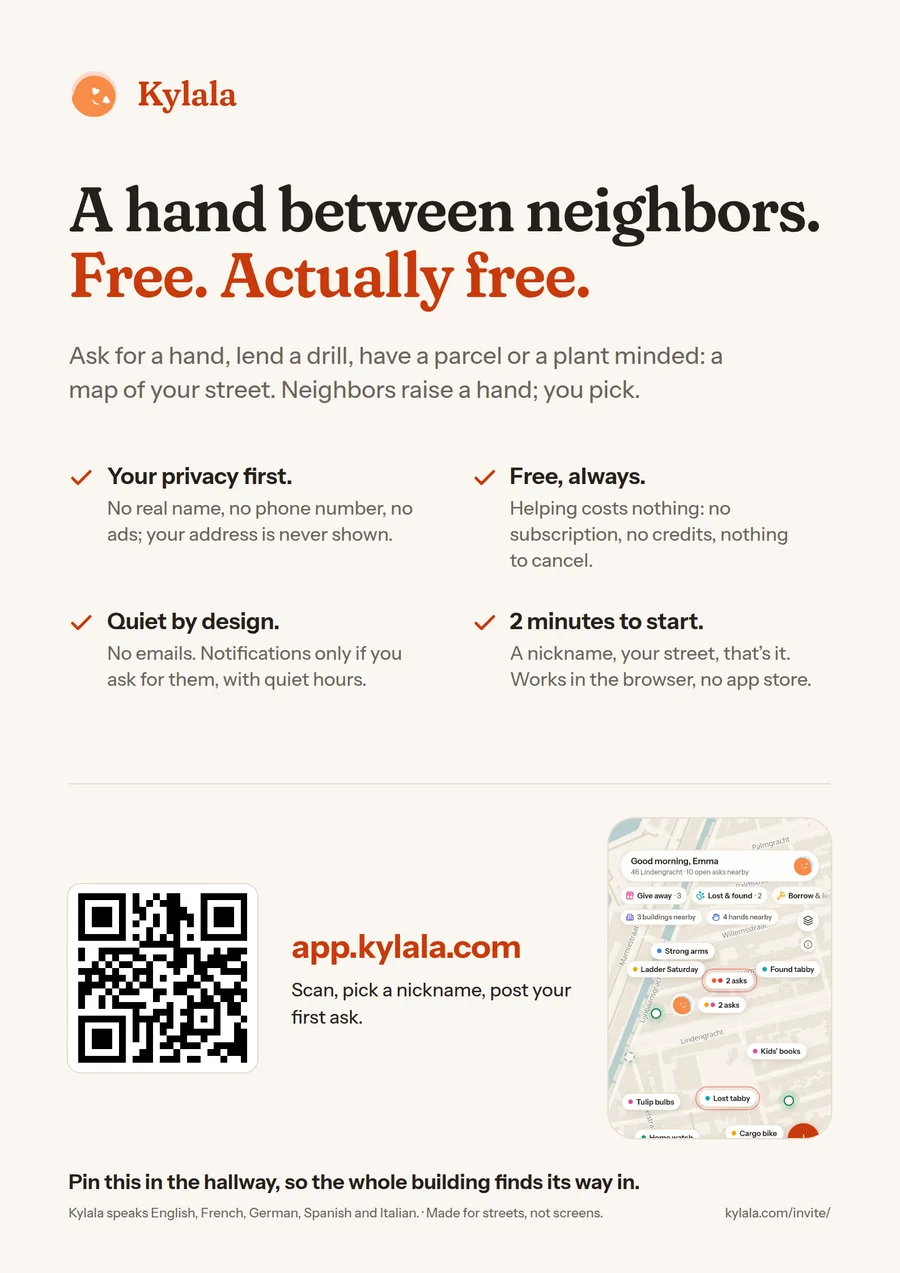 Preview of the A4 poster: the headline A hand between neighbors, the four promises, a QR code and the address app.kylala.com.
