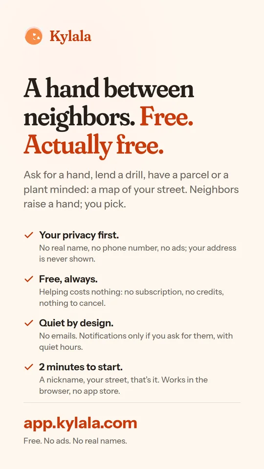 The story card: the headline, the four promises and the address app.kylala.com.