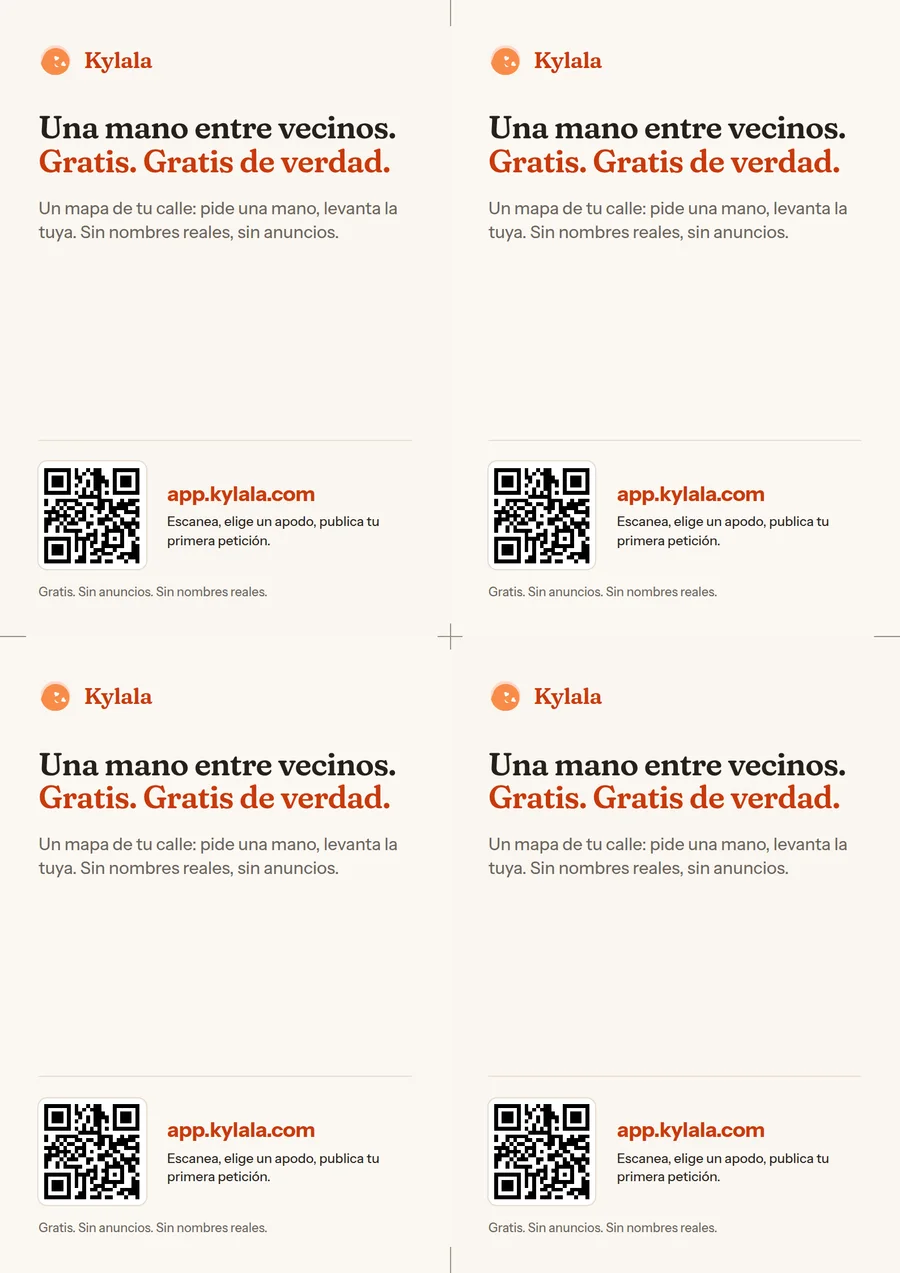 Vista previa de la hoja A4: cuatro tarjetas, cada una con el titular, una línea, un código QR y la dirección.