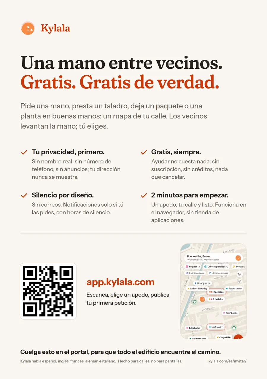 Vista previa del cartel A4: el titular Una mano entre vecinos, las cuatro promesas, un código QR y la dirección app.kylala.com.