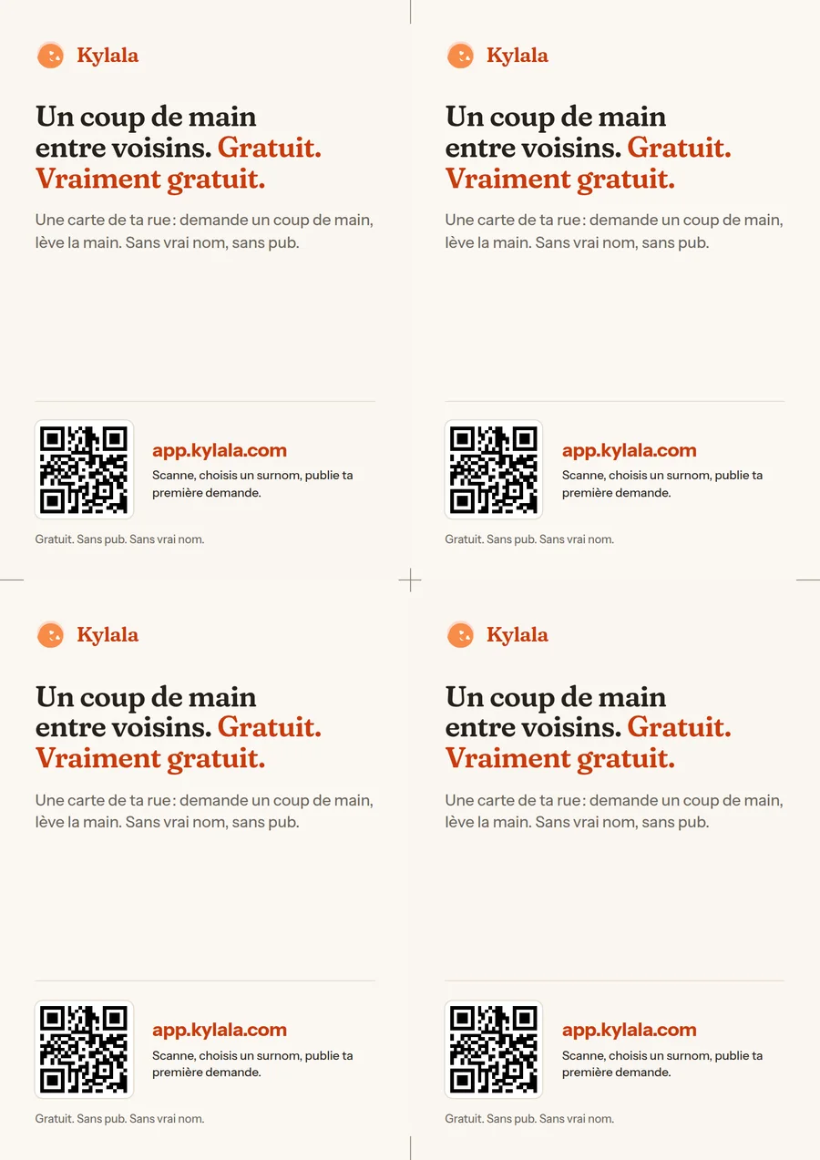 Aperçu de la feuille A4 : quatre cartes, chacune avec le titre, une ligne, un QR code et l’adresse.