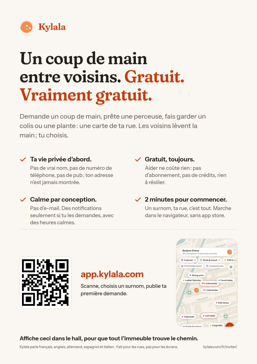 Aperçu de l’affiche A4 : le titre Un coup de main entre voisins, les quatre promesses, un QR code et l’adresse app.kylala.com.