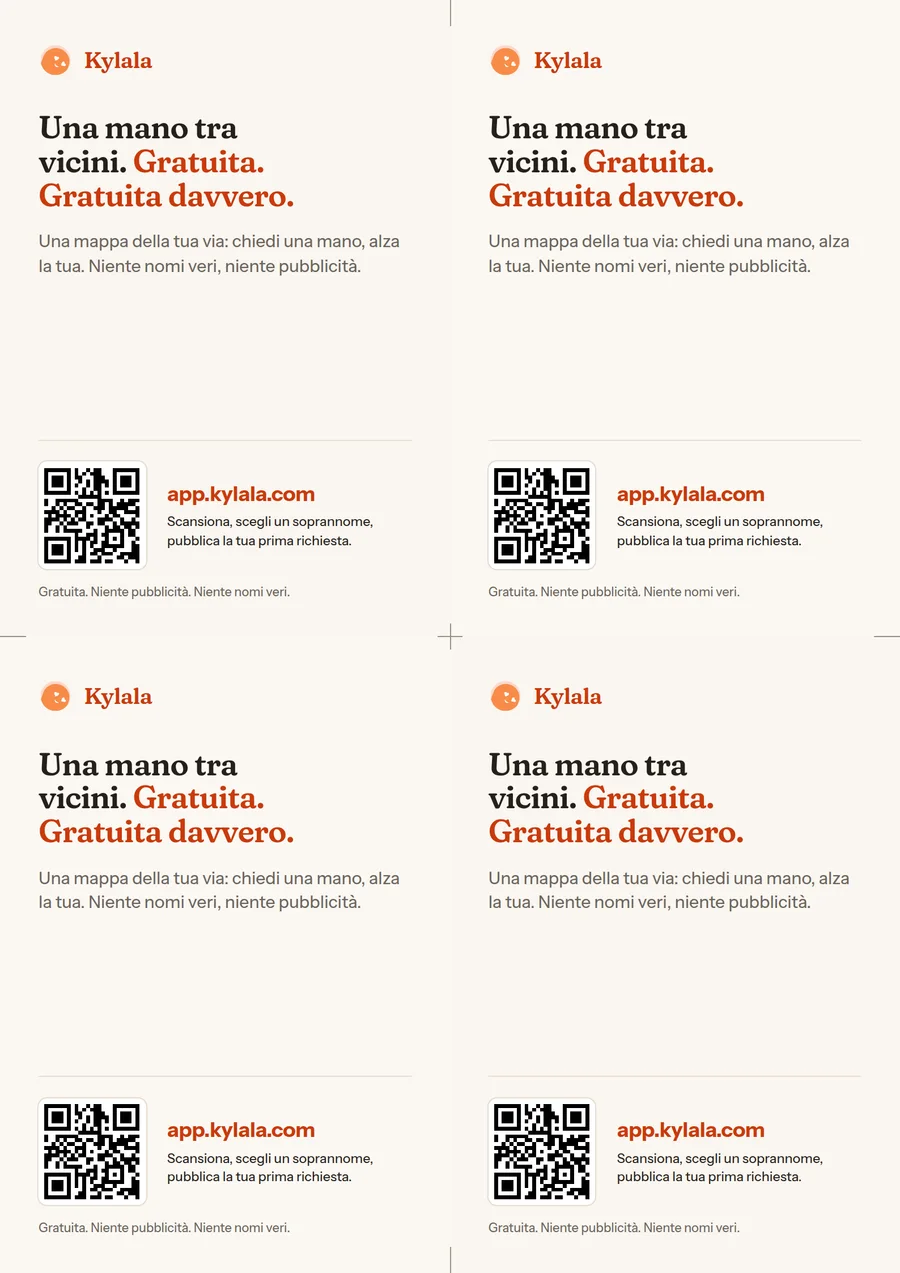 Anteprima del foglio A4: quattro biglietti, ognuno con il titolo, una riga, un codice QR e l’indirizzo.
