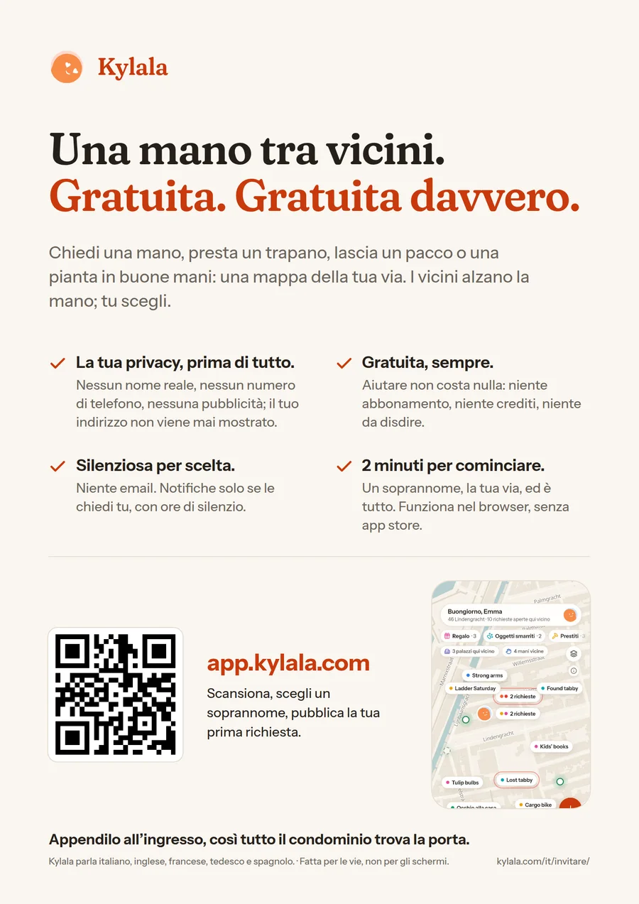 Anteprima della locandina A4: il titolo Una mano tra vicini, le quattro promesse, un codice QR e l’indirizzo app.kylala.com.