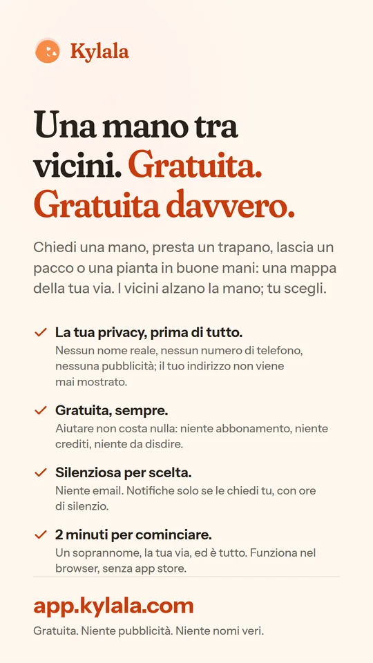 Il biglietto story: il titolo, le quattro promesse e l’indirizzo app.kylala.com.