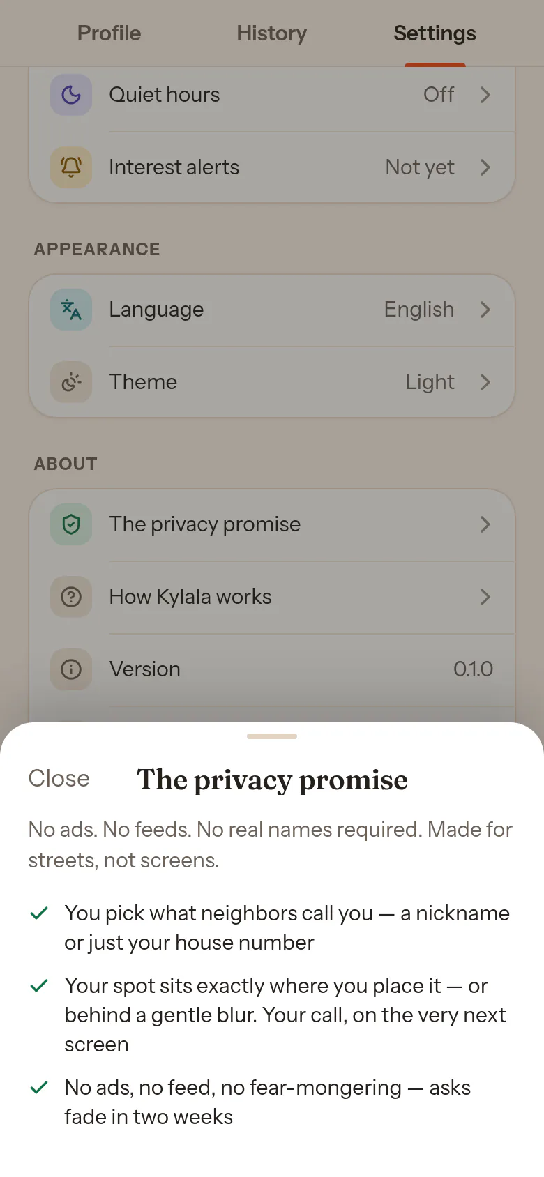 Das Blatt The privacy promise in den Einstellungen: No ads. No feeds. No real names required. Made for streets, not screens, und die drei Willkommens-Versprechen.
