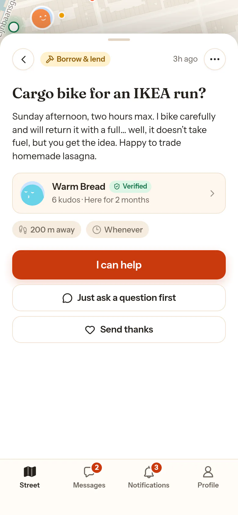 A neighbor’s open ask, Cargo bike for an IKEA run?: the Borrow & lend chip, Warm Bread’s card, the primary I can help and Just ask a question first.