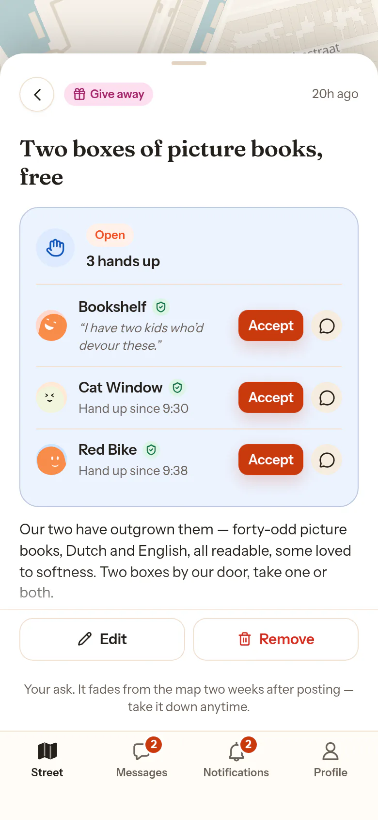 The asker’s card on their own ask, Two boxes of picture books, free: three neighbors with a hand up, listed in the order they went up, one Accept per row.