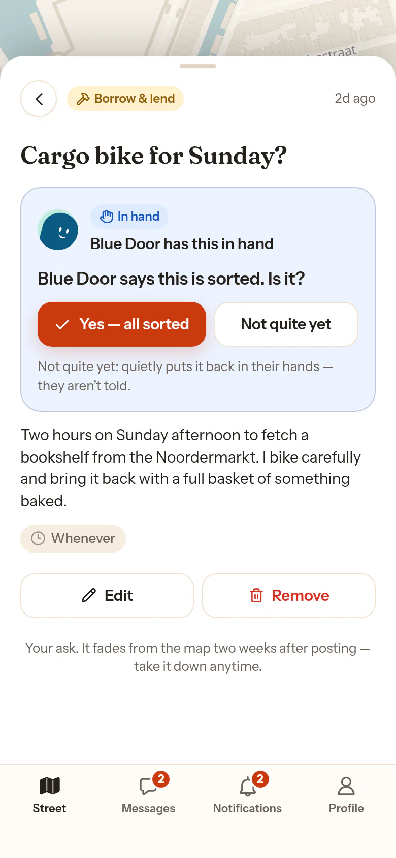 Der Abschluss-Handschlag auf der Karte der bittenden Person: Blue Door says this is sorted. Is it? mit den zwei Antworten Yes, all sorted und Not quite yet.