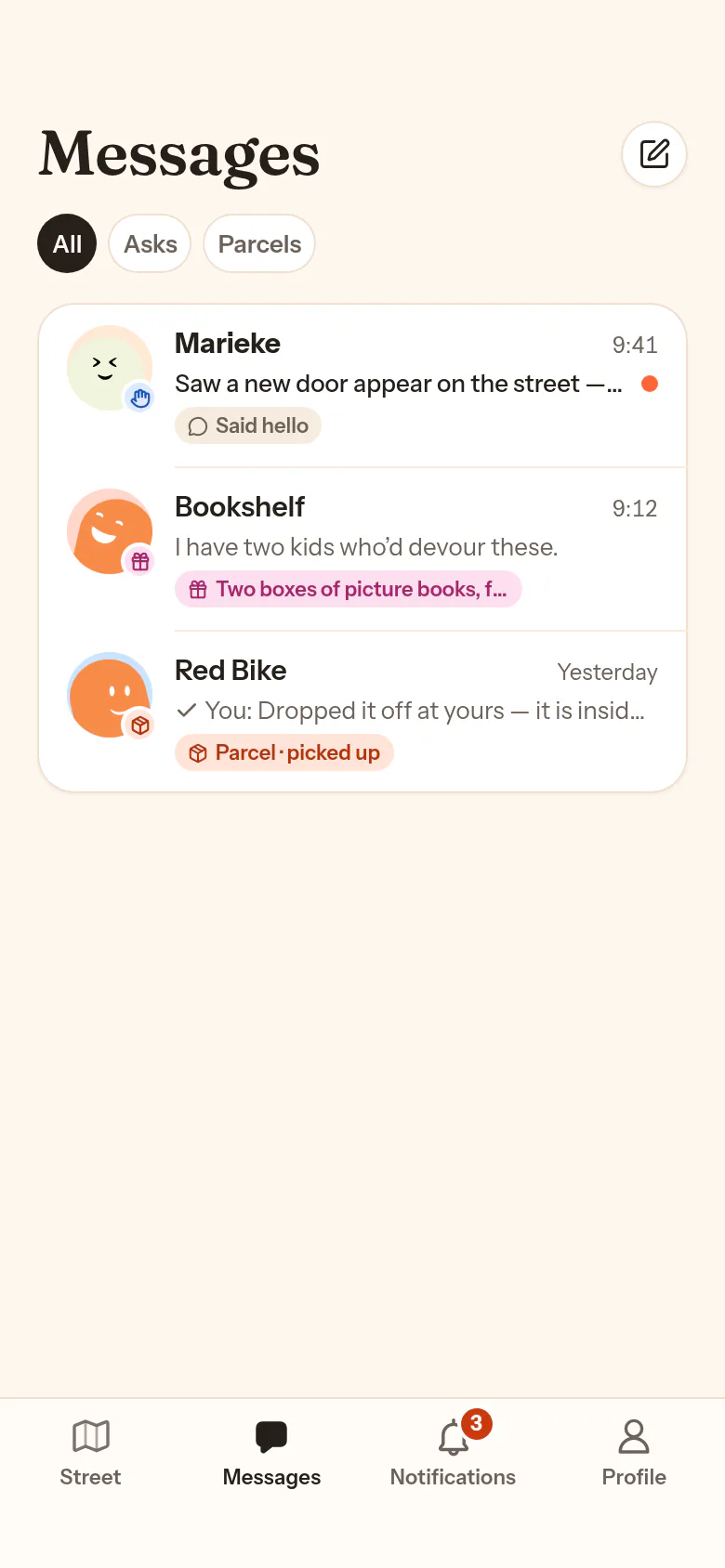 L’onglet Messages : les filtres All, Requests, Asks, Parcels, Circles, et les conversations avec leur pastille de contexte comme Two boxes of picture books, free.