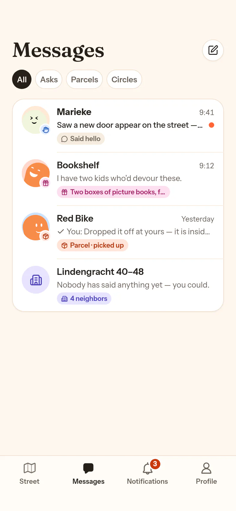 La scheda Messaggi: i filtri Tutto, Inviti, Richieste, Pacchi, Cerchie, e le righe delle conversazioni con un’etichetta di contesto come Due scatole di libri illustrati, in regalo.