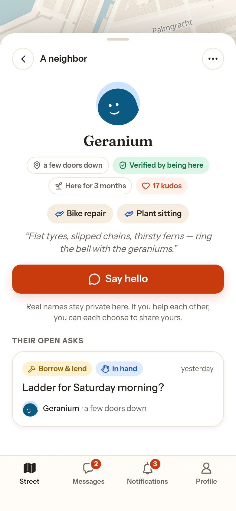 Geranium’s neighbor card from Hands nearby: Verified by being here, kudos, the offer chips Bike repair and Plant sitting, and the Say hello button.