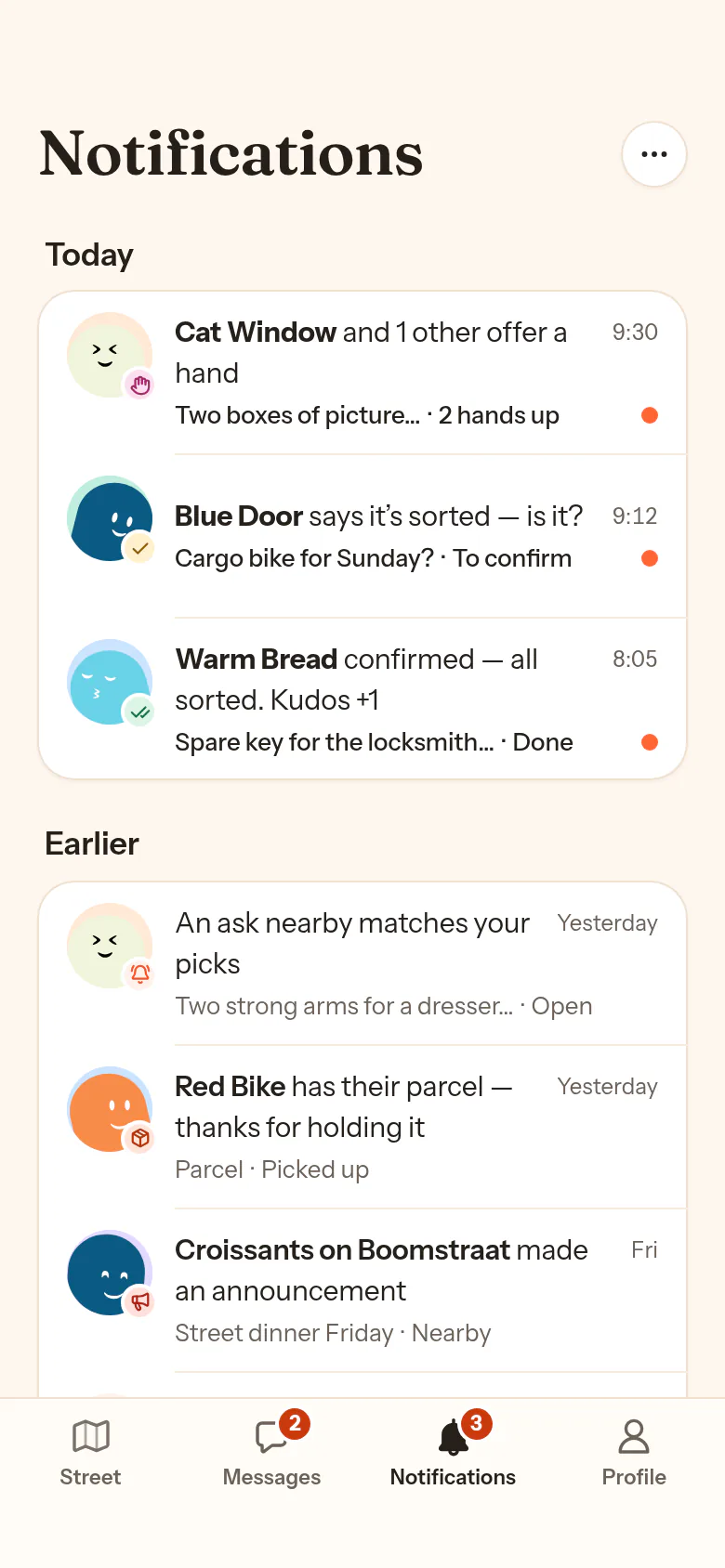Der Tab Notifications: Today und Earlier, eine Zeile pro Geschichte wie Blue Door says it’s sorted, is it?, ungelesene Punkte und die Marke am Tab.