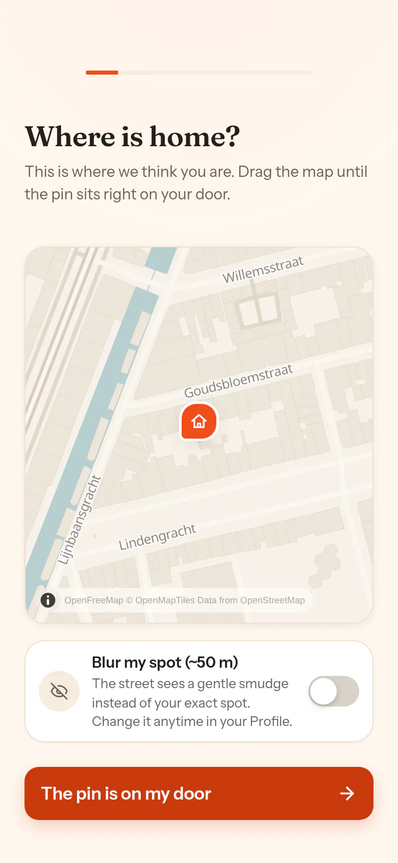 Onboarding, the locate step: Where is home? The map with the home pin, the toggle Blur my spot (~50 m) and the button The pin is on my door.