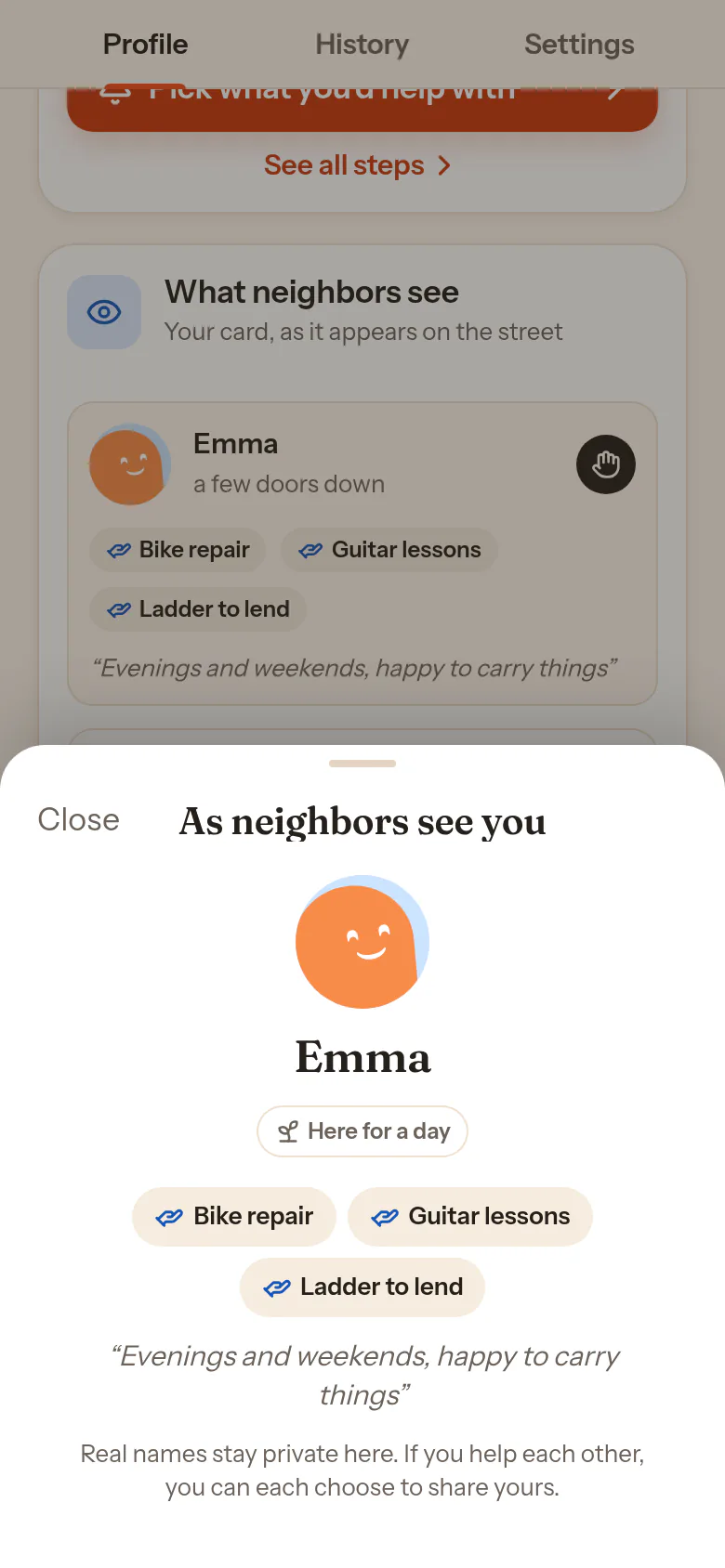 Das Blatt As neighbors see you: Emmas Avatar und Spitzname, ein Vertrauens-Chip, drei Angebots-Chips wie Ladder to lend und eine Zeile. Keine Adresse, kein echter Name.